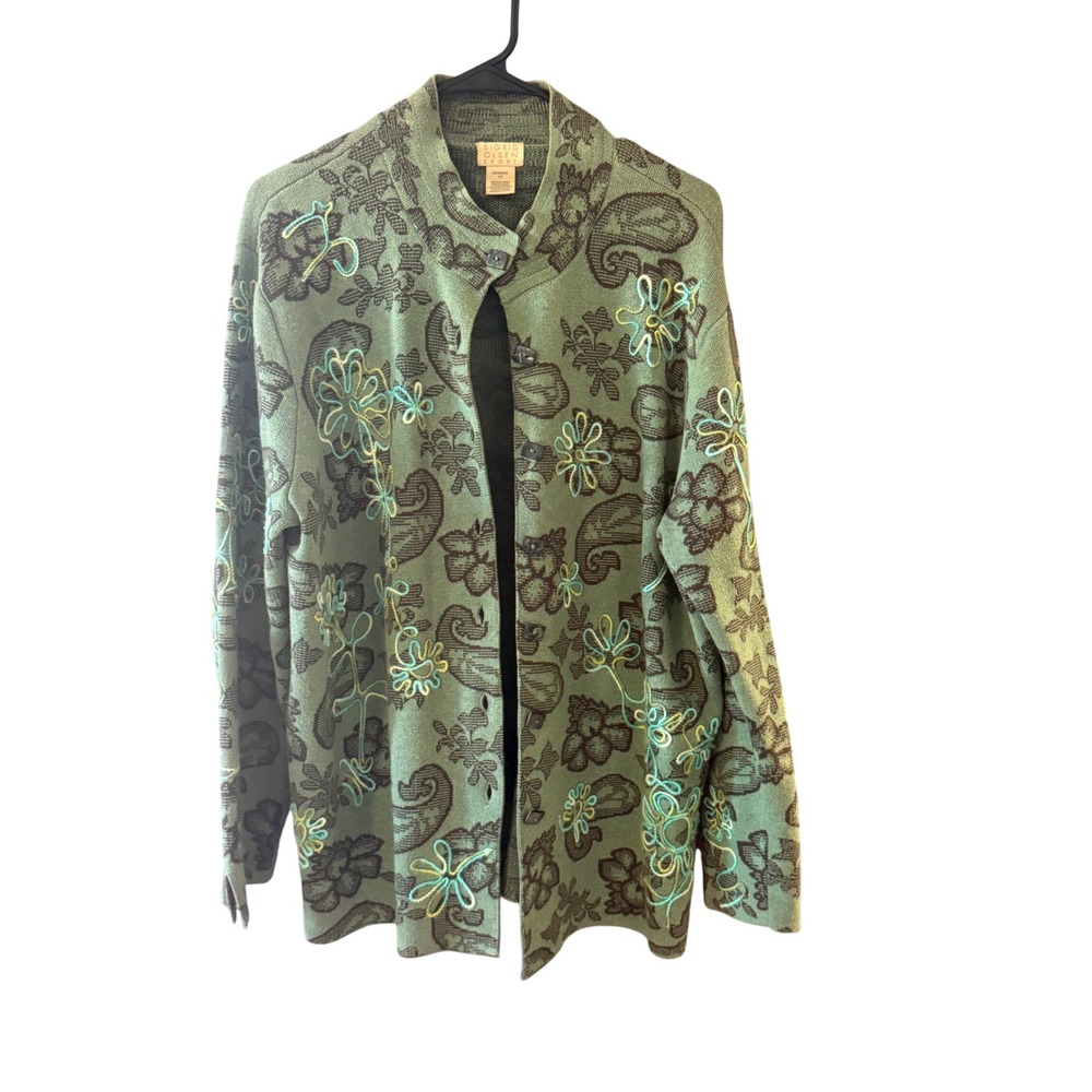Sigrid‎ Olsen 1X Sweater Green Paisley Floral Embroidered Boho Lagen Artsy